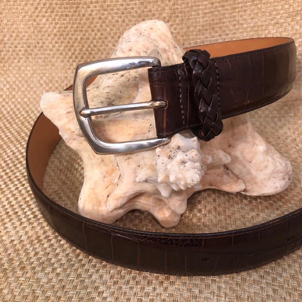 Brighton Brown Belt with Silver tone Buckle & Tip Embossed Gator Print Leather